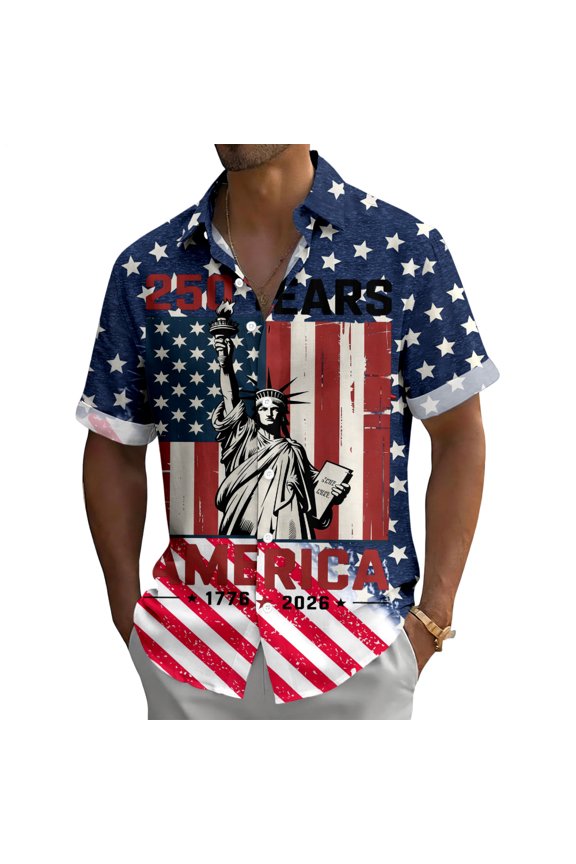 Patriotic Hawaiian Shirts for Men Flag Eagle Casual Lapel Short Sleeve Button Up Shirts for Travel