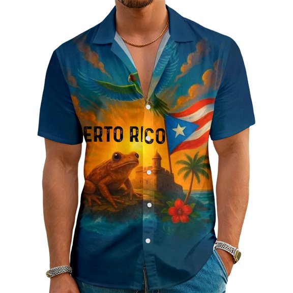 Yopmin Puerto Rico Hawaiian Shirt for Men Frog Flag Patriotic Short Sleeve Lapel Beach Shirt Trendy Summer Clothes for Parties