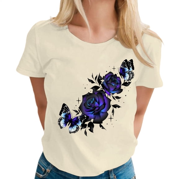 Yopmin Rose T Shirts for Women Butterfly Casual Short Sleeve Round Neck Graphic Tees Fashion Clothes for Travel