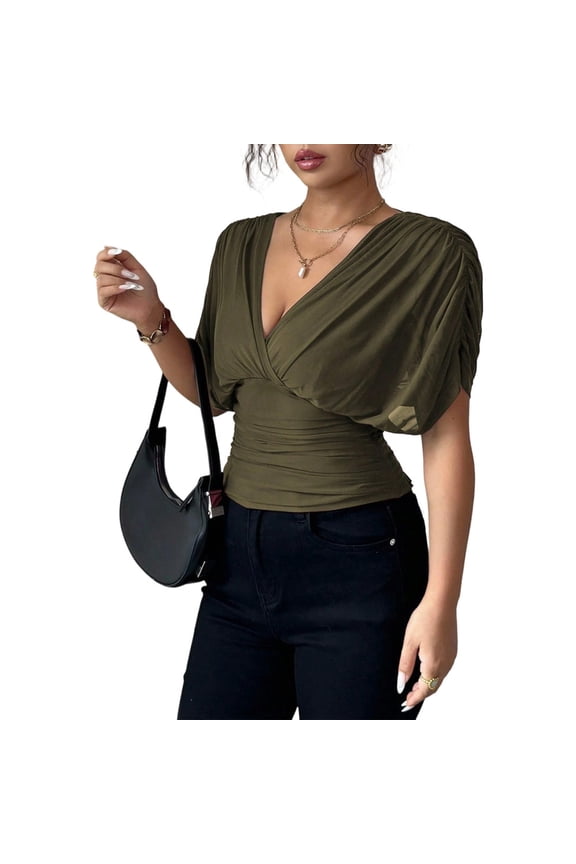Ruched Wrap Tops for Women Deep V Neck Dolman Sleeve Sexy Summer Casual Cinched Waist Tunic Tops for Streetwear