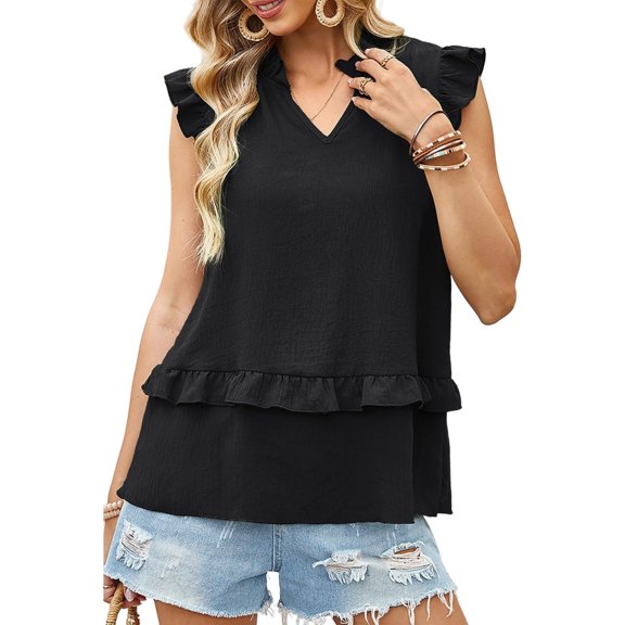 Yopmin Ruffle Sleeve Tank Top V Neck Casual Summer Solid Tank Tops Shirts Fashion Outfits for Vacation Daily