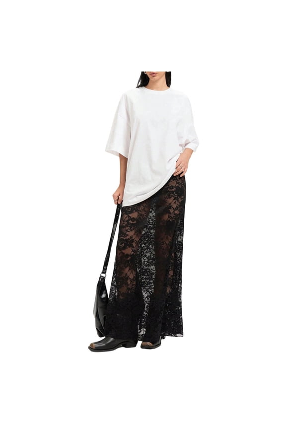 See Through Skirts for Women High Waisted Summer Flowy A Line Maxi Sheer Skirt for Vacation Dating Night Club Party