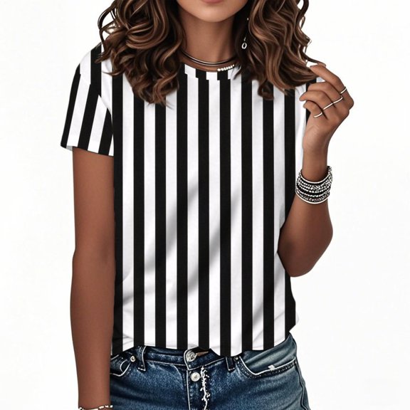 Yopmin Striped T Shirt Women Crew Neck Vertical Striped T Shirt Trendy Regular Fit Top Clothes for Work Daily Wear