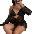 thumbnail image 1 of Yopmin Three Piece Swimsuit for Women Sparkly Halter Bikini Sets Long Sleeve Drawstring Cover Up for Beach Poolside, 1 of 8