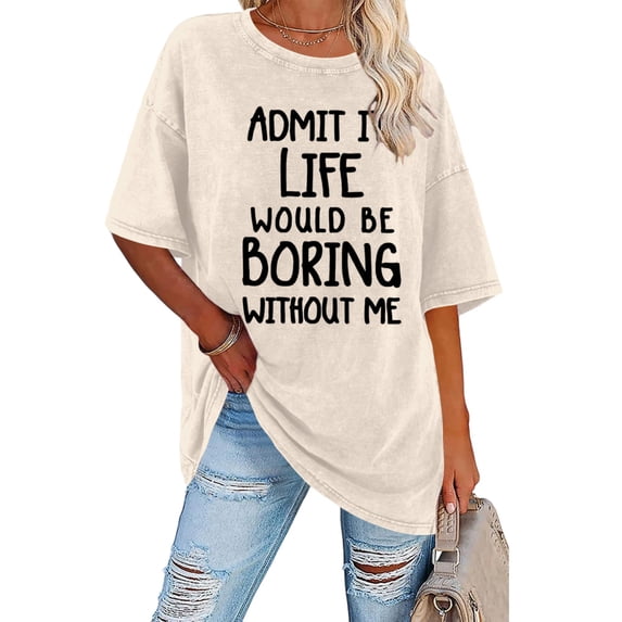 Yopmin Vintage Washed T Shirt Women Letter Print Washed Funny Summer T Shirts Loose Crew Neck Tops Everyday Wear
