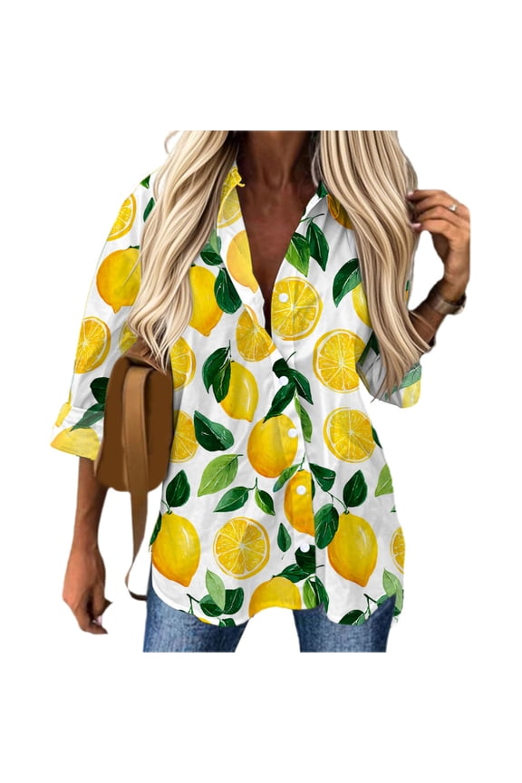Women Hawaiian Shirt Lemon Long Sleeve Beach Button Down Shirts Summer Casual Tops for Vacation