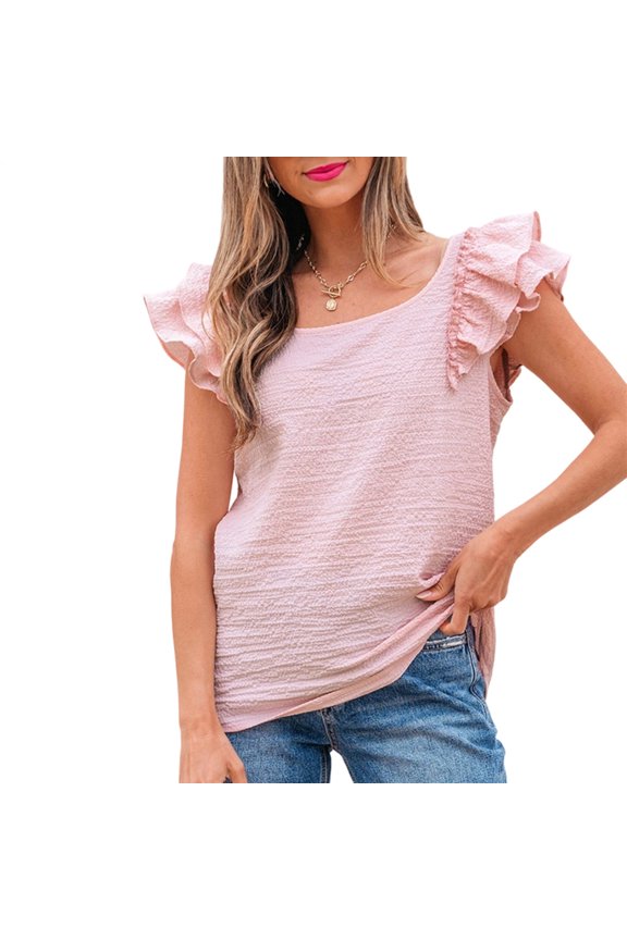 Women Ruffle Short Sleeve Shirt Textured Summer Bow Tie Back Crewneck Casual Shirts Blouses Tops for Travel