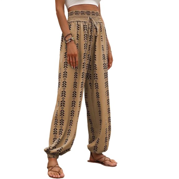 Yopmin Women's Harem Pants Smocked High Waist Trendy Drawstring Elastic Waist Wide Leg Boho Baggy Trousers for Beach
