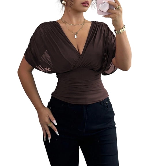 Yopmin Women's Wrap Blouses Deep V Neck Dolman Sleeve Sexy Summer Casual Cinched Waist Tunic Tops for Streetwear