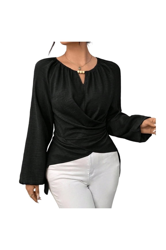 Womens Blouses Long Sleeve Cinched Waist Wrap Solid Color Shirts Elegant Lantern Sleeve Blouses for Going Out