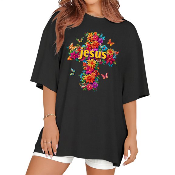 Yopmin Womens Christian T Shirts Jesus Cross Crew Neck Loose Casual T Shirts Cotton Graphic Tees Everyday Wear