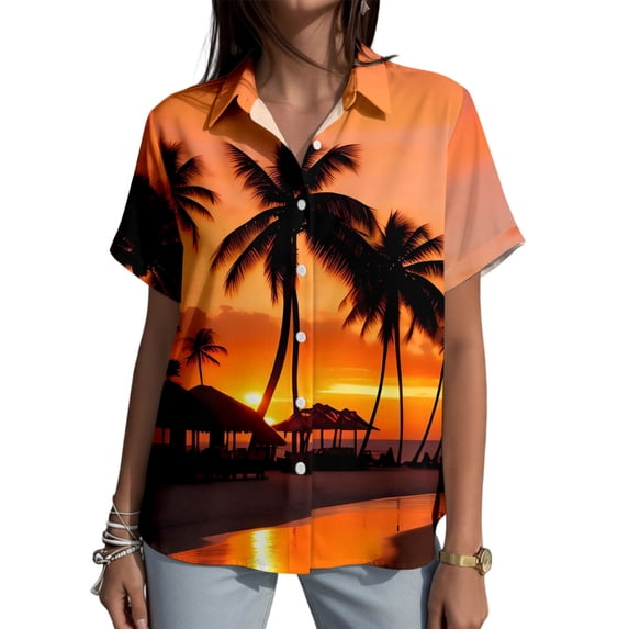Yopmin Womens Hawaiian Shirt Palm Tree Lapel Button Down Short Sleeve Beach Shirts Summer Basic Tops for Travel