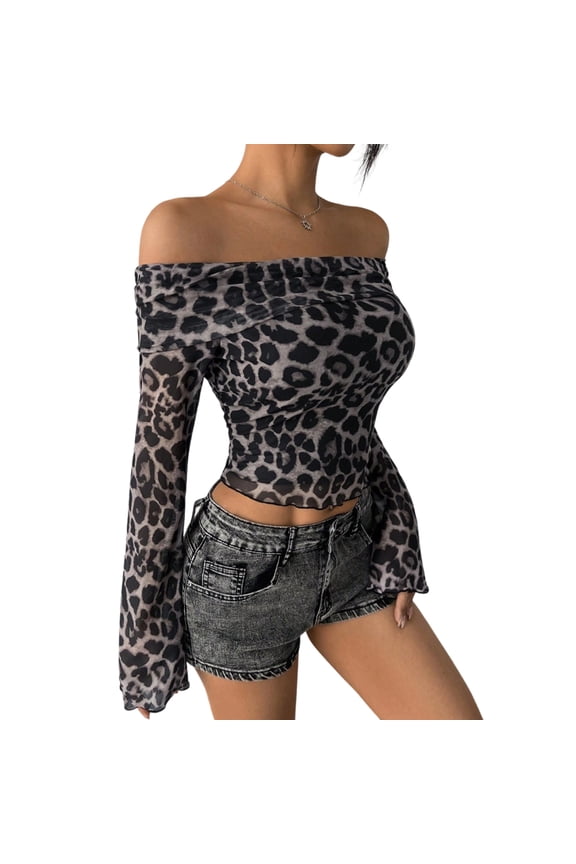 Womens Off Shoulder Tops Cheetah Print Semi-sheer Long Bell Sleeve Slim Fit Sexy Leopard Shirt for Party