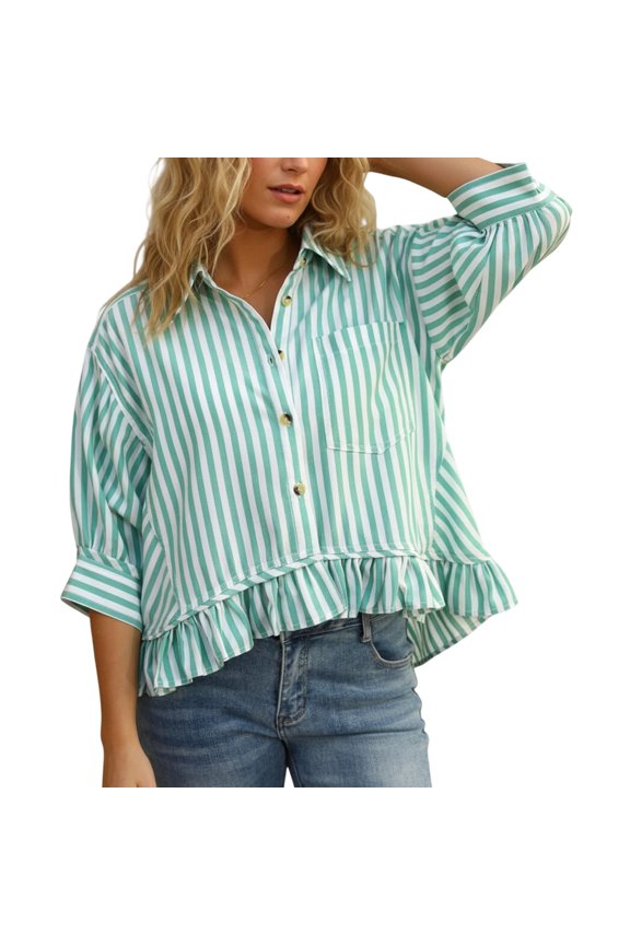 Womens Striped Shirt Striped Cropped Button up Shirts Ruffled Summer Loose Tops for Vacation Party