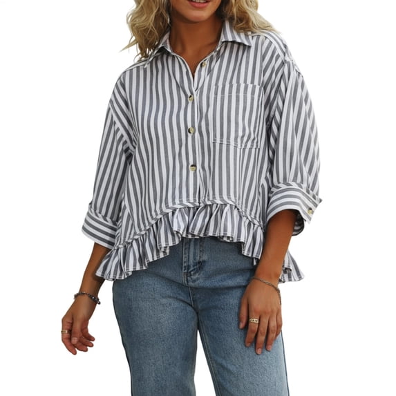 Yopmin Womens Striped Shirt Striped Dressy Ruffled Blouses Vertical T-Shirt Summer Tops for Vacation Party