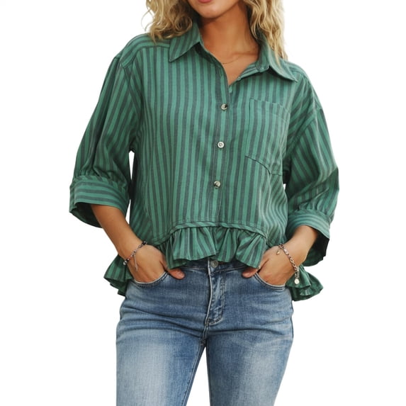 Yopmin Womens Striped Shirt Striped Dressy Ruffled Blouses Vertical T-Shirt Summer Tops for Vacation Party