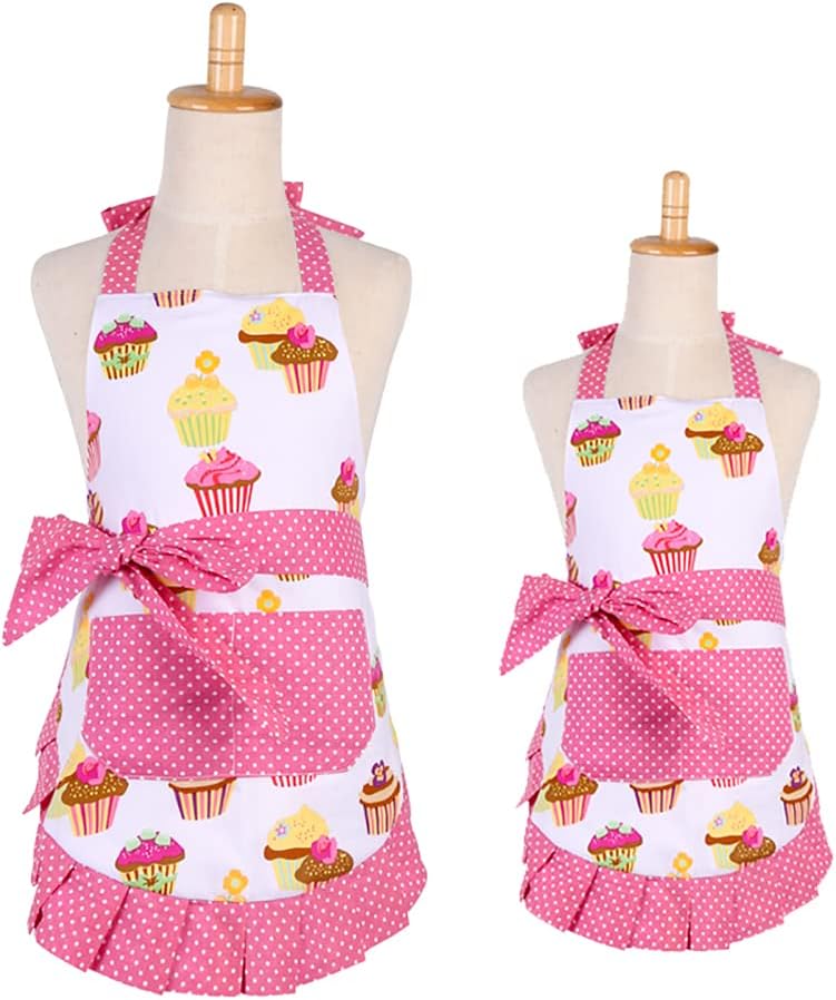 Yoqb 2 Pack Cupcake Aprons, Mom and Me Aprons, Pink Cupcake Baking Aprons, Adjustable Kitchen Apron for Women and Little Girls A109