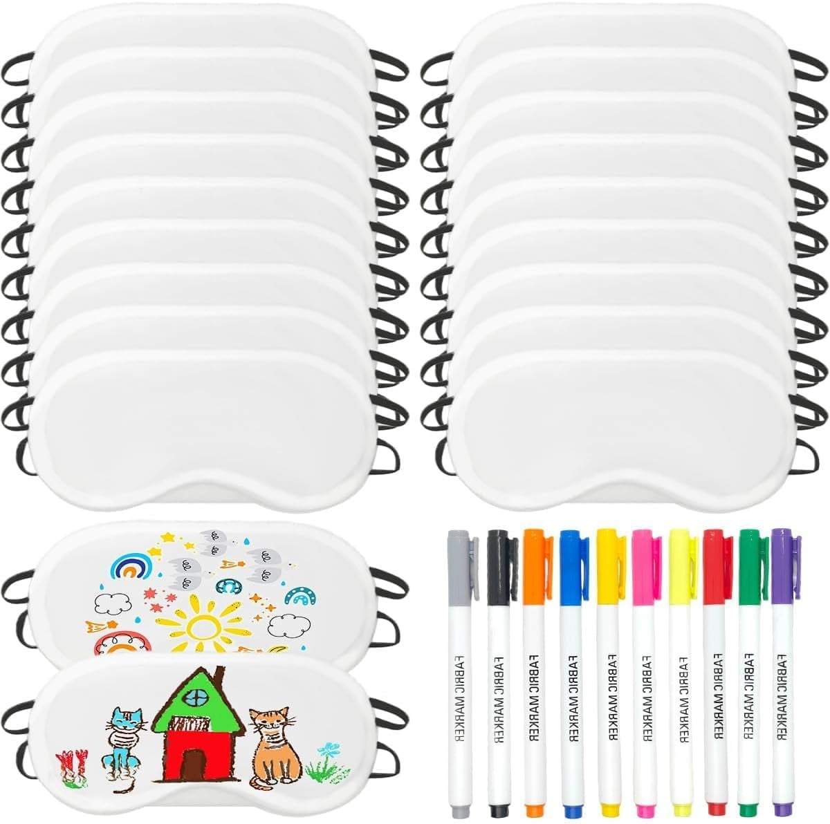 Yoqb 30 PCS Sleep Eye Mask Sleepover Party Supplies, 20 PCS White Sleep Mask with 10 PCS Fabric Marker Pens Shade Blindfold Eye Covering for Sleeping Travel Team Game Party SupplyA108