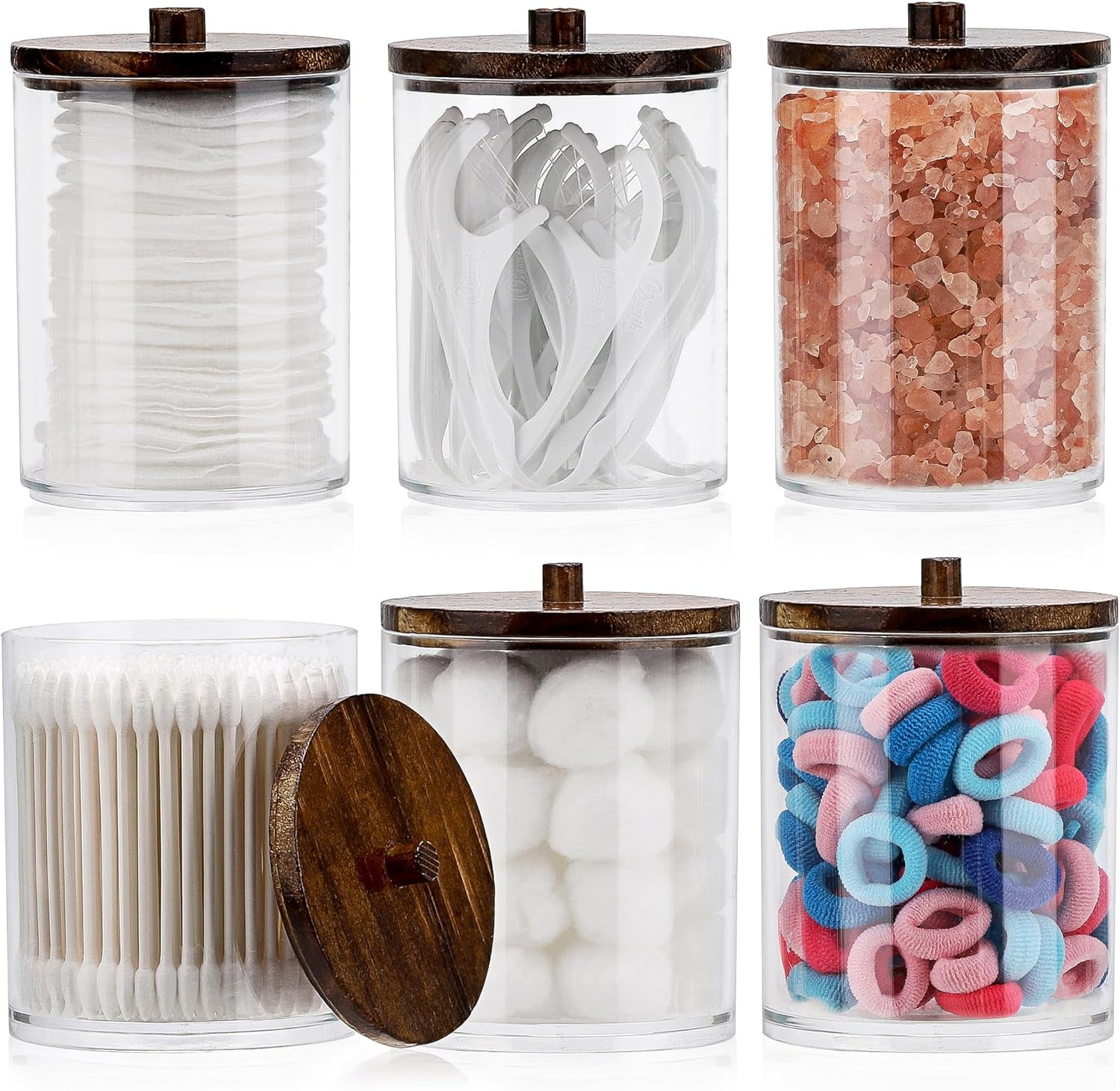 Yoqb 6 Pack Qtip Holder - 12oz 10oz Clear Cotton Ball Cotton Swab Holder for Restroom Bathroom Organizers and Storage Containers, Plastic Apothecary Jars with Wood Lids A109
