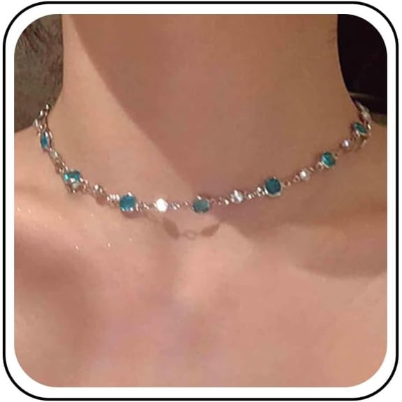 Yoqb Bohemia Tiny Blue Rhinestone Choker Necklace Blue Cz Crystal Necklace Silver Chain Blue Station Necklace Blue Topaz Necklace Jewelry for Women A1015