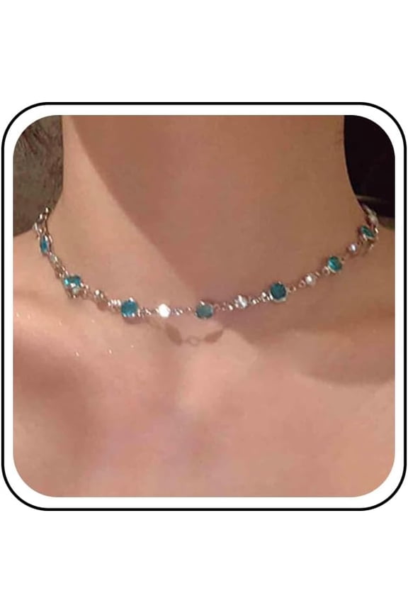 Yoqb Bohemia Tiny Blue Rhinestone Choker Necklace Blue Cz Crystal Necklace Silver Chain Blue Station Necklace Blue Topaz Necklace Jewelry for Women A1015