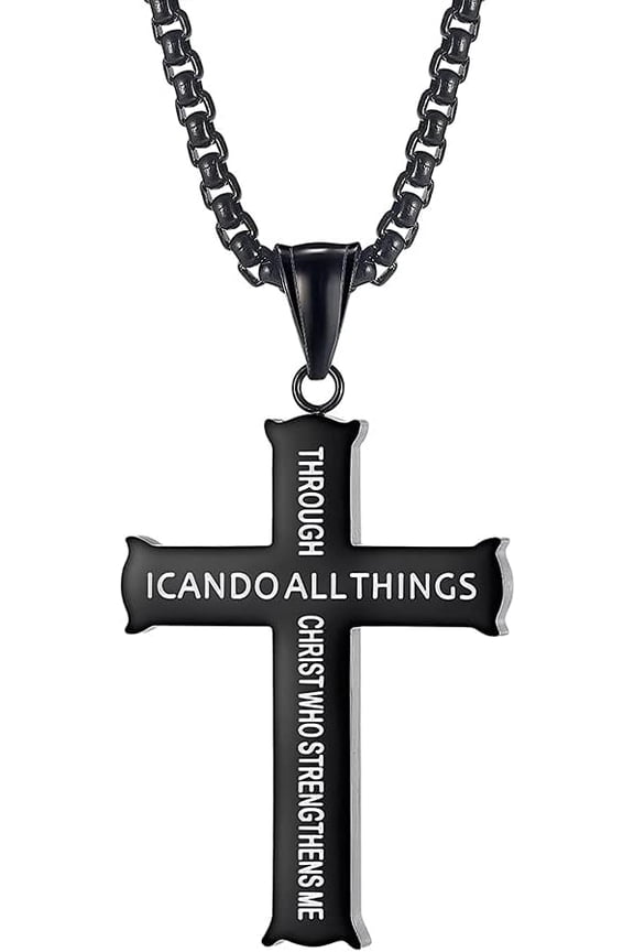 Yoqb Mens Black Cross Chain Necklace for Men First Communion Gifts for Him Catholic Cross Necklace I Can Do All Things Through Christ Bible Verse NecklaceA108