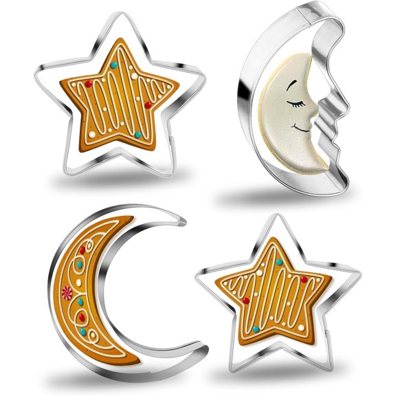 Yoqb Metal Biscuit Cutter, 4 PCS Star and Moon Cookie Cutters Stainless Steel Fruit Cutter Shapes Mini Cookie Molds Set Eid Mubarak/Islamic Pastry Cake Fondant Decor for Mooncake A109