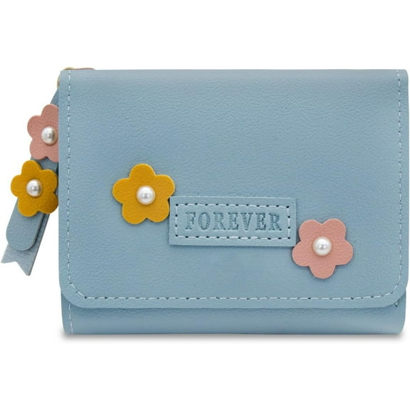 Yoqb Trifold Wallet for Women, Cute Womens Slim Wallet with Floral Pendant 7 Card Slots, ID/Photo Window, Thin Wallet for Women (Blue) A109