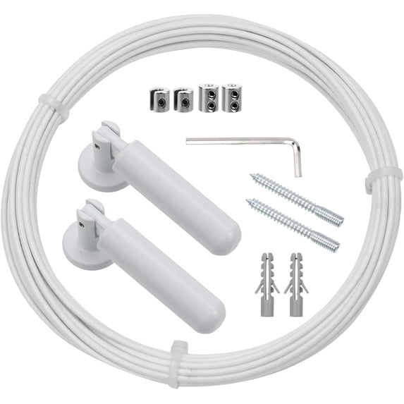 Yoqb Wall Mount Curtain Wire Rod Set,5m/16.4ft Adjustable Curtain Drape Wire Rod Set,Stainless Steel Wall Decor Picture Hanging Kit for Tapestry, Crafts Art Display-White A109