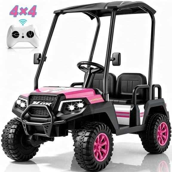YorRover 4 Seater Kids' Golf Cart, 24V Electric Ride-On, 4×75W Motors, Parental Remote Control, 4WD Spring Suspension, Detachable Awning, Bluetooth & LED Lights, for Kids Ages 3 and up, Pink.