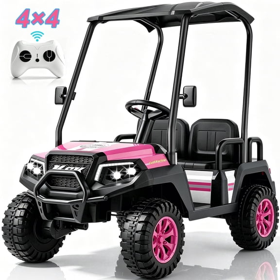 YorRover 4 Seater Kids' Golf Cart, 24V Electric Ride-On,475W Motors, Parental Remote Control, 4WD Spring Suspension, Detachable Awning,Bluetooth & LED Lights, for Kids Ages 3 and up,Pink.