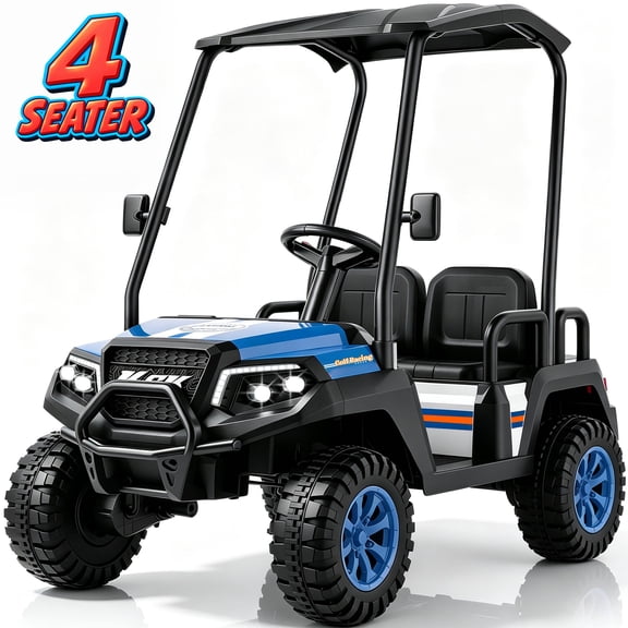 YorRover 4 Seater Kids' Golf Cart, 24V Electric Ride-On, 4×75W Motors, Parental Remote Control, 4WD Spring Suspension, Detachable Awning, Bluetooth & LED Lights, for Kids Ages 3 and up, Blue
