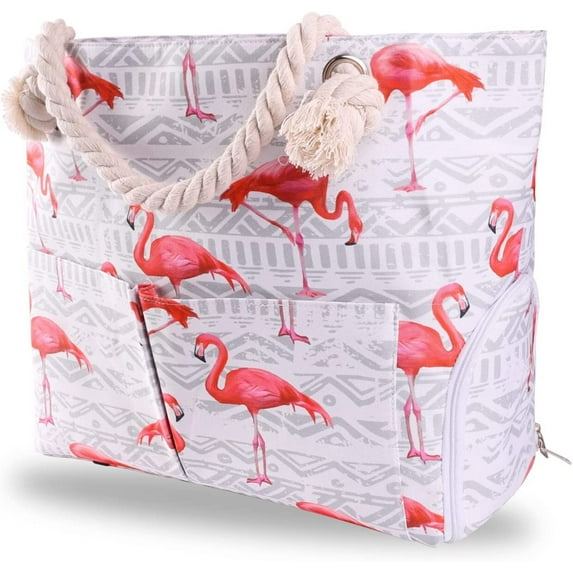 Yorcoten Extra Large Women Beach Tote Bag with Multiple Pockets , Newest Waterproof Sandproof Handmade Tote Bags for Travel Vacation Gifts Summer Pool Essentials Shoulder Crossbody Handbag Flamingo