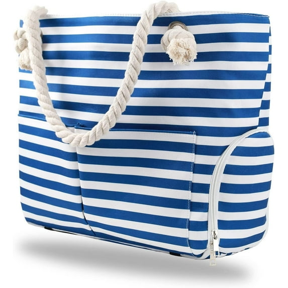 Yorcoten Extra Large Women Beach Tote Bag with Multiple Pockets ,Newest Waterproof Sandproof Handmade Tote Bags for Travel Vacation Gifts Summer Pool Essentials Shoulder Crossbody Handbag Blue Stripe