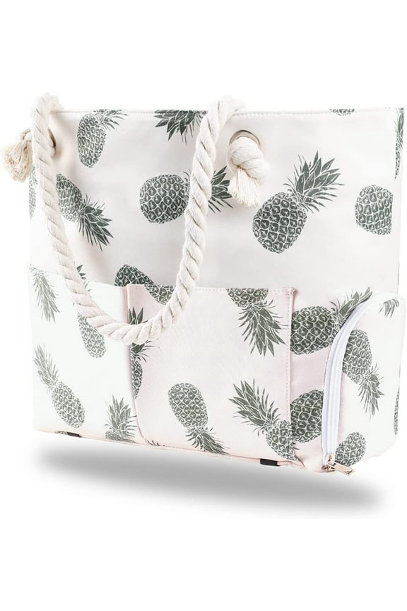 Extra Large Women Beach Tote Bag with Multiple Pockets , Newest Waterproof Sandproof Handmade Tote Bags for Travel Vacation Gifts Summer Pool Essentials Shoulder Crossbody Handbag Pineapple