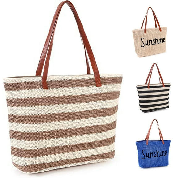 Yorcoten Large Women Straw Beach Bag , Waterproof Sandproof Handmade Woven Stripe Tote Bags Stitchwork with Zipper for Travel Vacation Picnic Summer Pool Essentials Shoulder Crossbody Handbag Gifts
