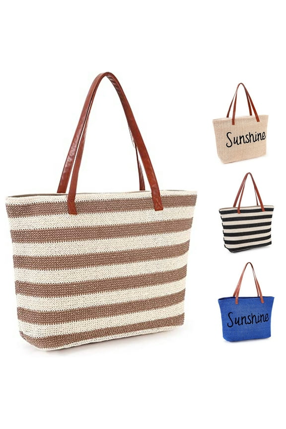 Large Women Straw Beach Bag , Waterproof Sandproof Handmade Woven Stripe Tote Bags Stitchwork with Zipper for Travel Vacation Picnic Summer Pool Essentials Shoulder Crossbody Handbag Gifts