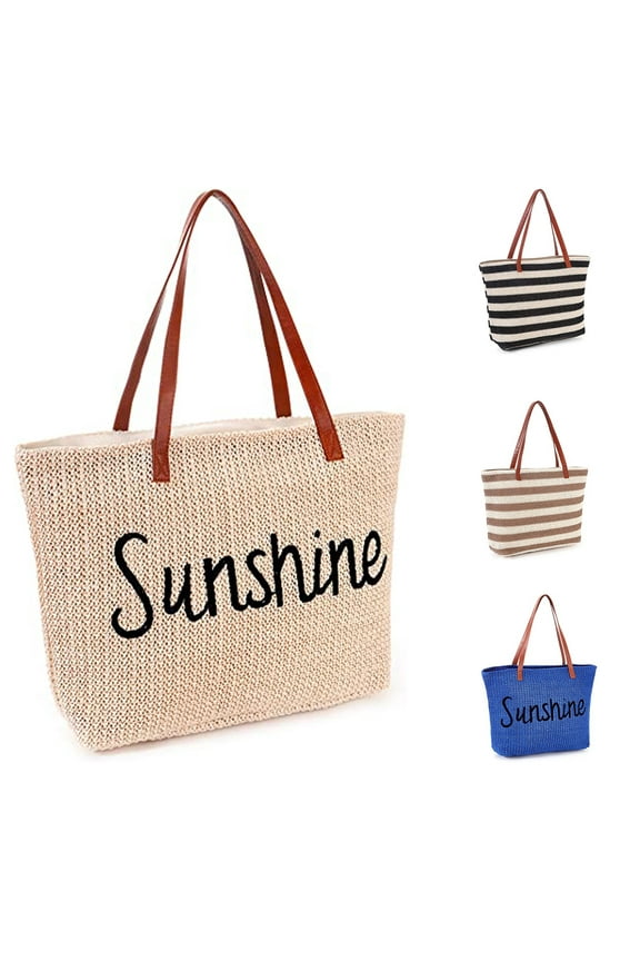 Large Women Straw Beach Bag , Waterproof Sandproof Handmade Woven Stripe Tote Bags Stitchwork with Zipper