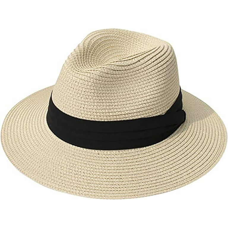Lanzom Women Wide Brim Straw Panama Roll Up Hat Fedora Beach Sun Hat UPF50+ (Khaki) One Size