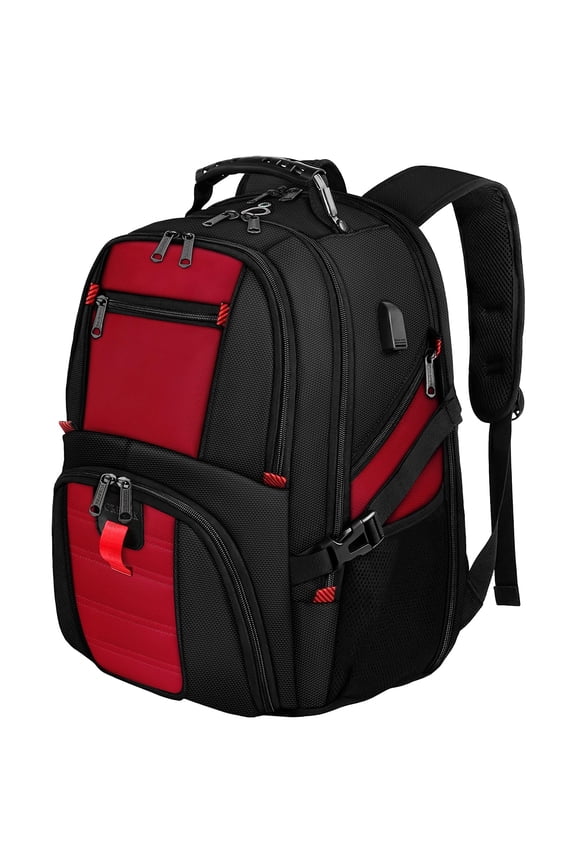 Extra Large Travel Backpack for Men Women, 30L Airline Approved Business Laptop Computer School Bag with USB Port and Luggage Strap, Bright Red