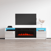 York 02 Fireplace TV Stand for TVs up to 90, Modern High Gloss 79 Entertainment Center, Electric Fireplace TV Media Console with Storage Cabinets and LED Lights