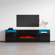 York 02 Fireplace TV Stand for TVs up to 90, Modern High Gloss 79 Entertainment Center, Electric Fireplace TV Media Console with Storage Cabinets and LED Lights