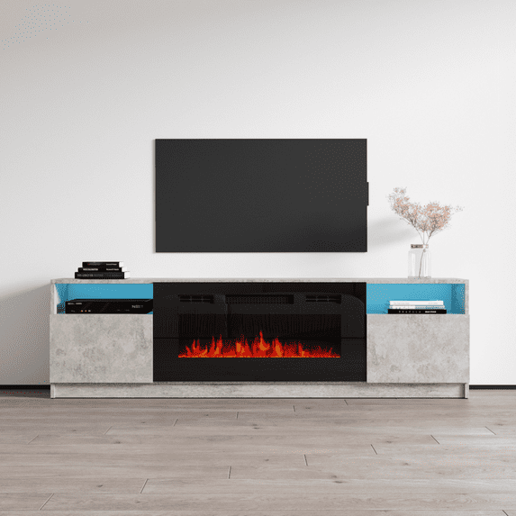 York 02 Fireplace TV Stand for TVs up to 90", Modern High Gloss 79" Entertainment Center, Electric Fireplace TV Media Console with Storage Cabinets and LED Lights