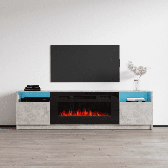 York 02 Fireplace TV Stand for TVs up to 90", Modern High Gloss 79" Entertainment Center, Electric Fireplace TV Media Console with Storage Cabinets and LED Lights