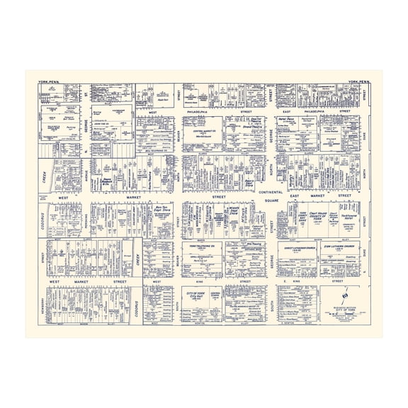 York Art, 1950 Vintage Map of Downtown York Pennsylvania, PA History Wall Decor Gift, Old York Map - 36" x 24" Unframed Print