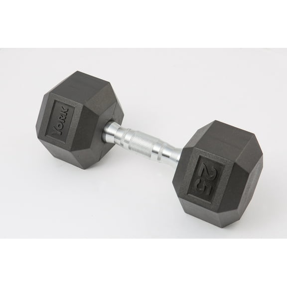 York Barbell Rubber Hex Dumbbell, 75 lbs, Chrome Ergo Handle