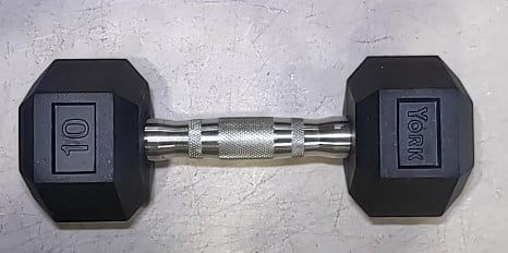 York Barbell  Rubber Hex Dumbbell with Chrome Ergo Handle - 10 lbs