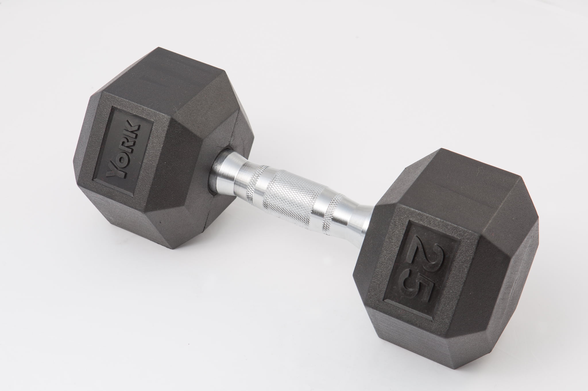 York Barbell  Rubber Hex Dumbbell with Chrome Ergo Handle - 65 lbs
