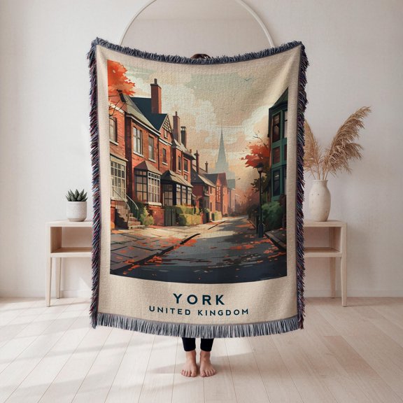 York Brick Row Houses and Autumn Street, Rust Orange and Charcoal Woven Blanket, 100% Cotton, for Sofa or Bed