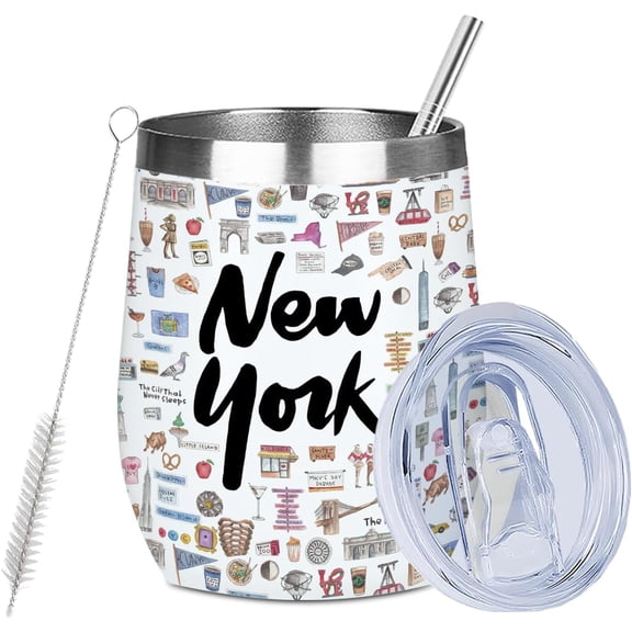 York Gifts Travel Souvenir Wine Tumbler 12 oz Insulated Wine Glass Cup with Lid Straw Vacuum Insulated Cup,Travel Lover Gifts for Women Men Friend Bestie Birthday Friendship Christmas